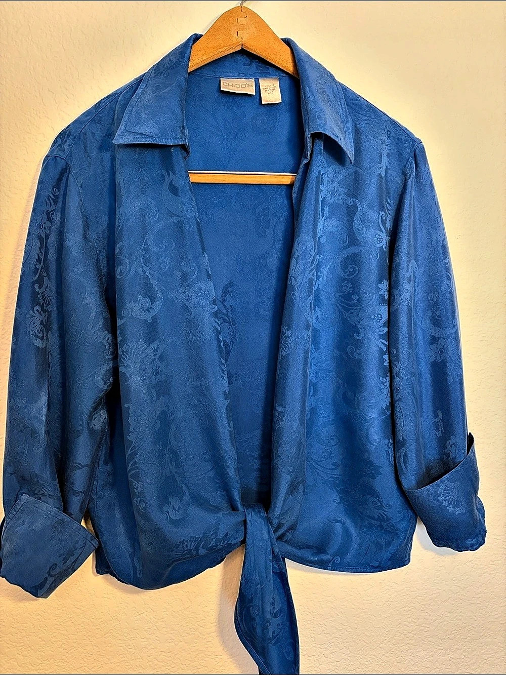 Chico's Blue Floral Silk Tie-Front Jacket